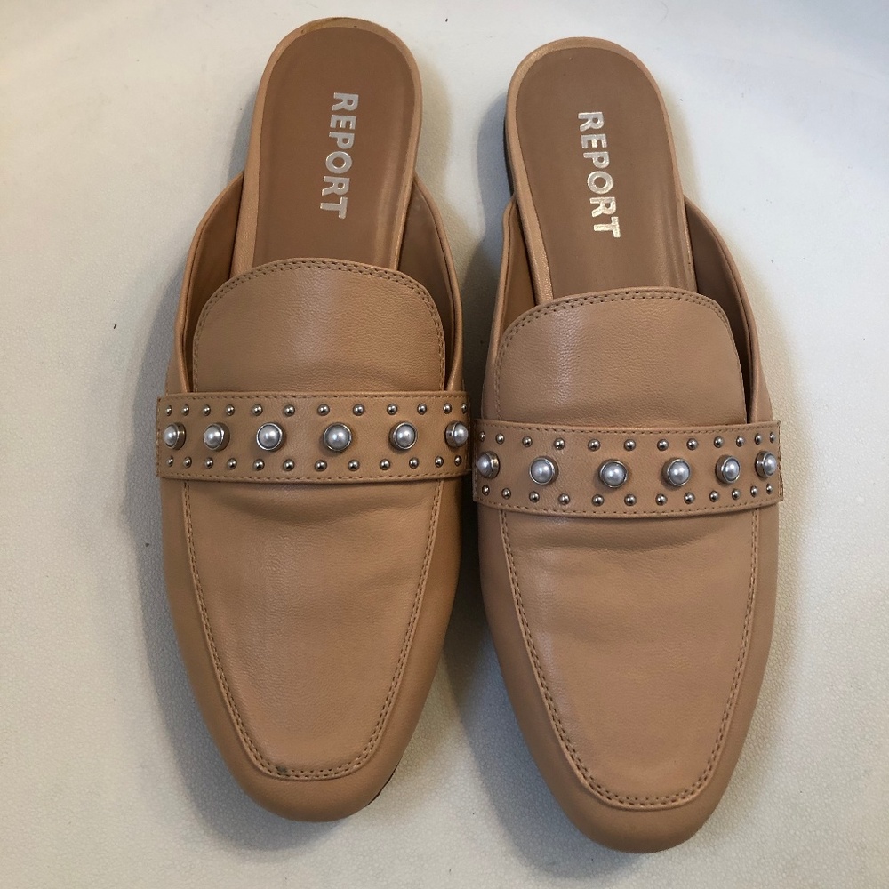 Cream leather Report mule flats with pearl detail